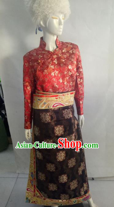 Chinese Tibetan Nationality Costume Red Tibetan Robe, Traditional Zang Ethnic Minority Clothing for Women