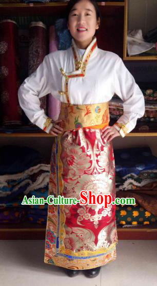 Chinese Tibetan Nationality Costume Red Skirt, Traditional Zang Ethnic Minority Clothing for Women