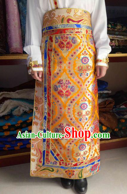 Chinese Tibetan Nationality Costume Yellow Skirt, Traditional Zang Ethnic Minority Clothing for Women