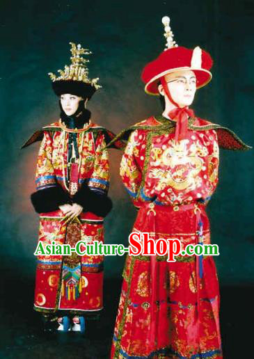 Chinese Late Qing Dynasty Last Emperor and Empress Replica Costumes Traditional Wedding Historical Costume Complete Set