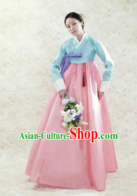 Korean Traditional Bride Hanbok Clothing Blue Blouse and Pink Dress Korean Fashion Apparel Costumes for Women