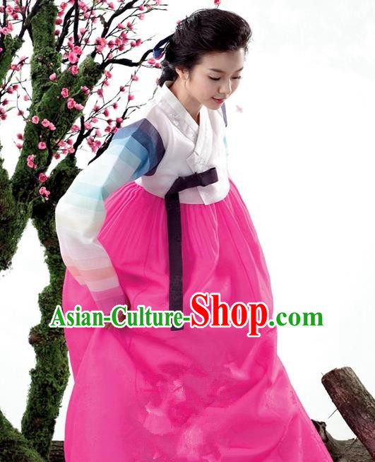 Korean Traditional Bride Palace Hanbok Clothing Korean Fashion Apparel White Blouse and Rosy Dress for Women