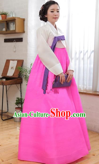 Korean Traditional Palace Garment Hanbok Fashion Apparel Costume White Blouse and Pink Dress for Women