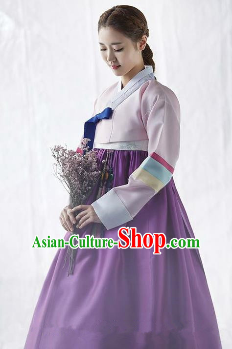 Korean Traditional Palace Garment Hanbok Fashion Apparel Costume Bride Pink Blouse and Purple Dress for Women