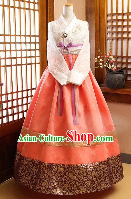 Korean Traditional Palace Garment Hanbok Fashion Apparel Costume Bride White Blouse and Orange Dress for Women