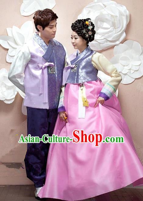 Korean Traditional Garment Palace Purple Hanbok Fashion Apparel Bride and Bridegroom Costumes
