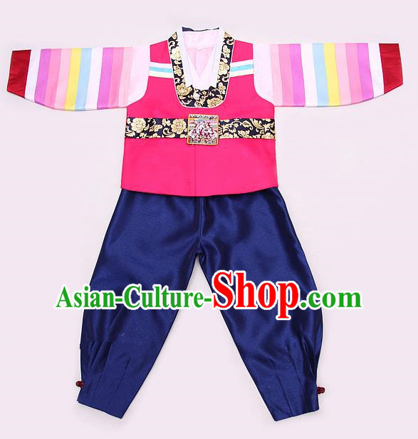 Korean Traditional Hanbok Clothing Korean Boys Hanbok Costumes Pink Shirt and Navy Pants for Kids