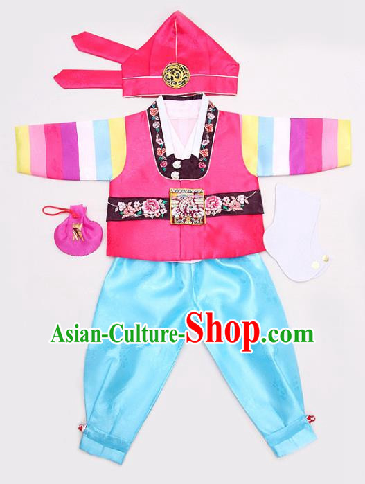 Korean Traditional Hanbok Clothing Korean Boys Hanbok Costumes Pink Shirt and Blue Pants for Kids