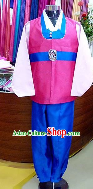 Asian Korean Traditional Hanbok Clothing Ancient Korean Pink Shirt and Royalblue Pants Costume for Men