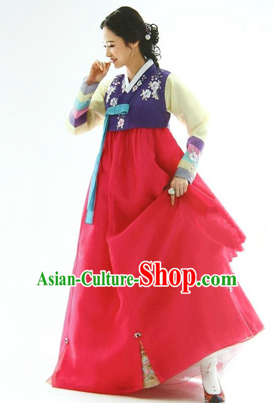 Korean Traditional Garment Palace Hanbok Purple Blouse and Red Dress Fashion Apparel Bride Costumes for Women