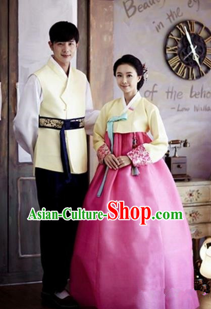 Asian Korean Traditional Palace Hanbok Couple Clothing Ancient Korean Bride and Bridegroom Costumes Complete Set
