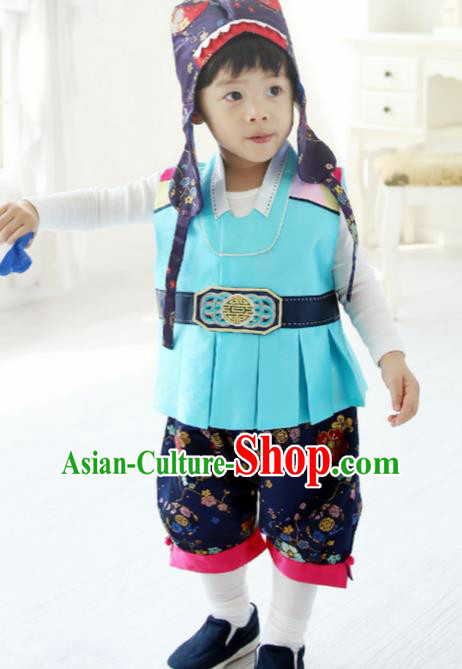 Korean Traditional Hanbok Clothing Korean Boys Hanbok Costumes Blue Shirt and Navy Pants for Kids