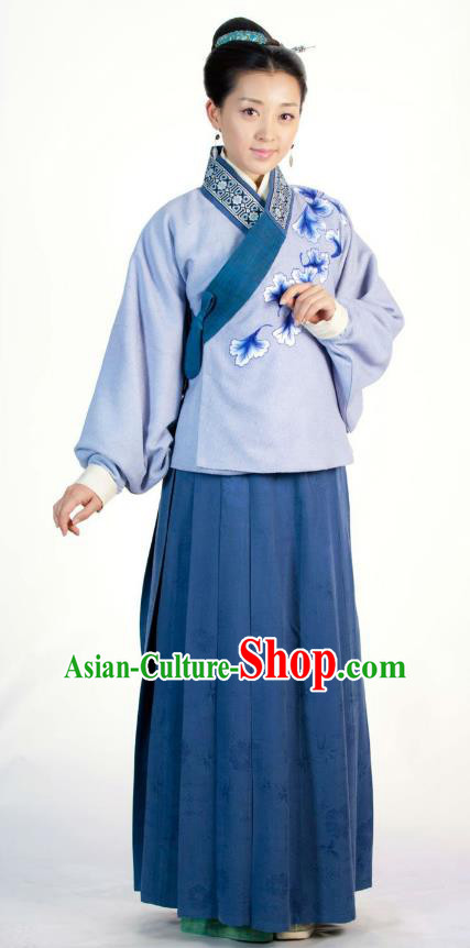 Ancient Chinese Ming Dynasty Historical Costume Female Embroider Blue Replica Costume for Women