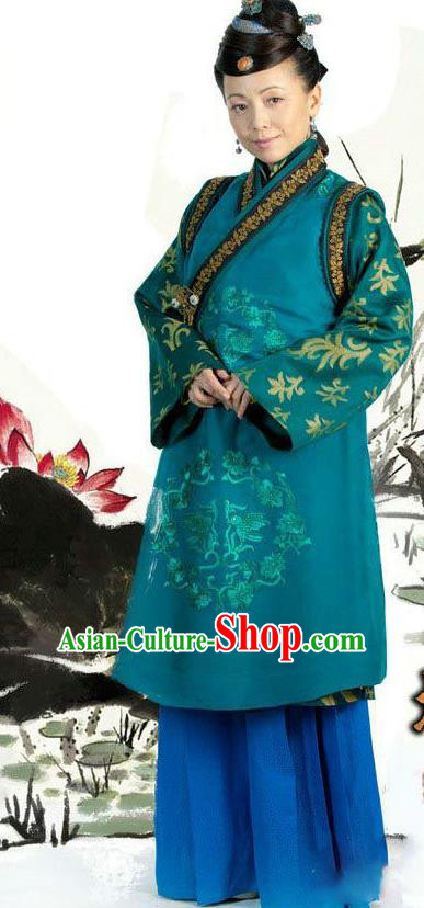 Ancient Chinese Ming Dynasty Historical Costume Dowager Countess Green Replica Costume for Women