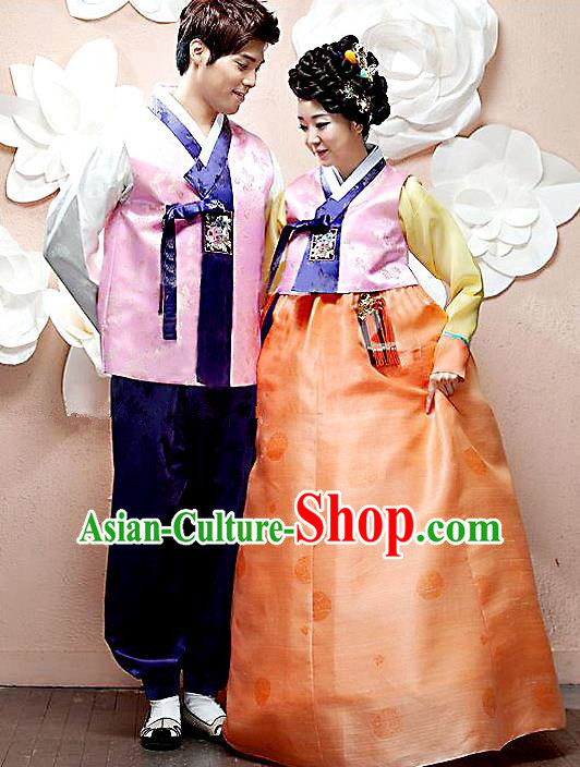 Asian Korean Palace Wedding Hanbok Clothing Ancient Traditional Bride and Bridegroom Costumes Complete Set