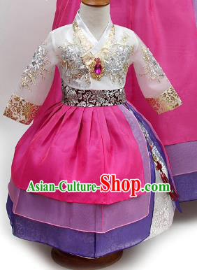 Top Grade Korean Palace Hanbok Traditional White Blouse and Rosy Dress Fashion Apparel Costumes for Kids