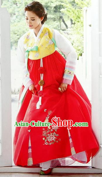 Top Grade Korean Palace Hanbok Traditional Yellow Blouse and Red Dress Fashion Apparel Costumes for Women