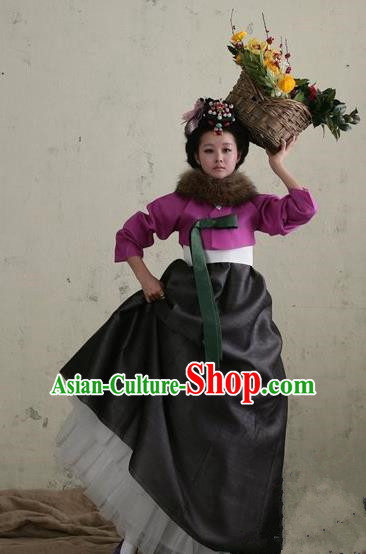Top Grade Korean Palace Hanbok Traditional Purple Blouse and Black Dress Fashion Apparel Costumes for Women