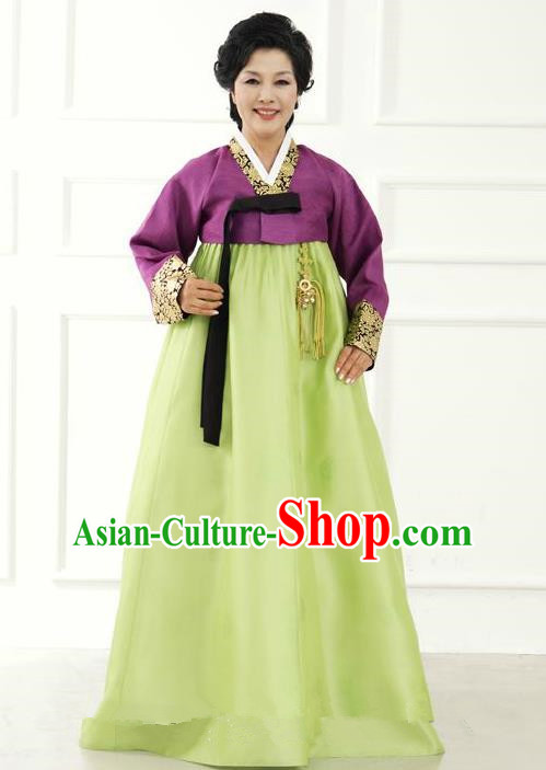 Top Grade Korean Hanbok Traditional Hostess Purple Blouse and Green Dress Fashion Apparel Costumes for Women