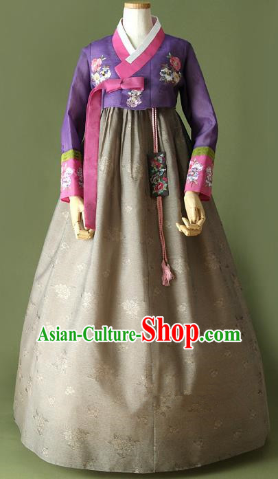 Top Grade Korean Traditional Hanbok Purple Blouse and Grey Dress Fashion Apparel Costumes for Women