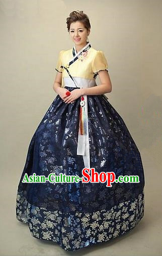Top Grade Korean Traditional Hanbok Embroidered Yellow Blouse and Navy Dress Fashion Apparel Costumes for Women