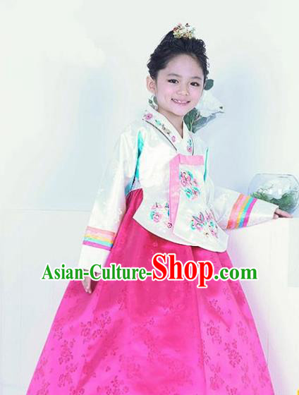 Top Grade Korean Hanbok Traditional Bride White Blouse and Pink Dress Fashion Apparel Costumes for Kids