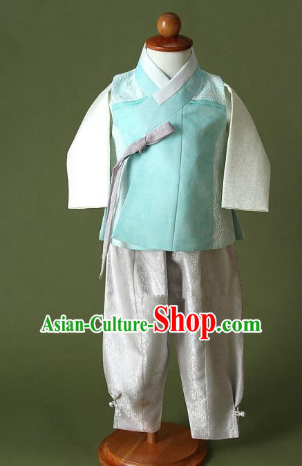 Asian Korean Hanbok Ancient Palace Boys Blue Shirt and Grey Pants Traditional Costume for Kids