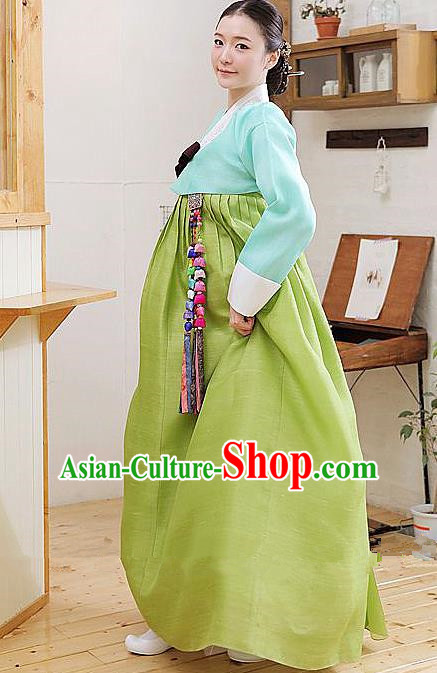 Top Grade Korean Hanbok Traditional Blue Blouse and Green Dress Fashion Apparel Costumes for Women