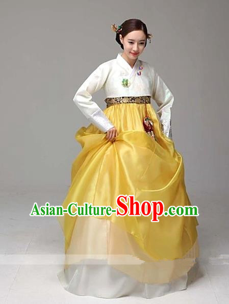Top Grade Korean Palace Hanbok Traditional White Blouse and Yellow Dress Fashion Apparel Costumes for Women