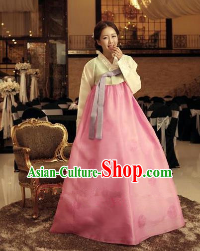 Top Grade Korean Traditional Hanbok Ancient Fashion Apparel Costumes Palace Blouse and Pink Dress for Women