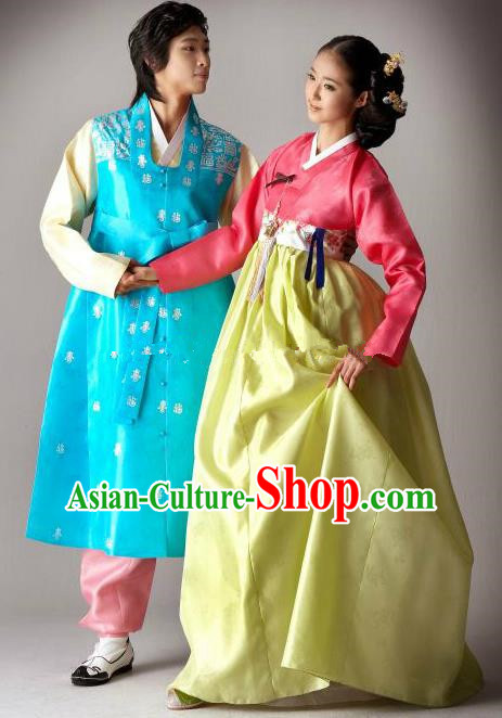 Asian Korean Traditional Wedding Costumes Palace Hanbok Ancient Korean Bride and Bridegroom Costumes Complete Set