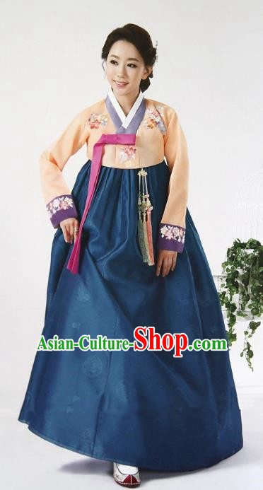 Top Grade Korean Hanbok Ancient Traditional Fashion Apparel Costumes Orange Blouse and Green Dress for Women