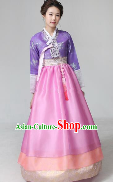 Top Grade Korean Hanbok Ancient Traditional Fashion Apparel Costumes Purple Blouse and Pink Dress for Women