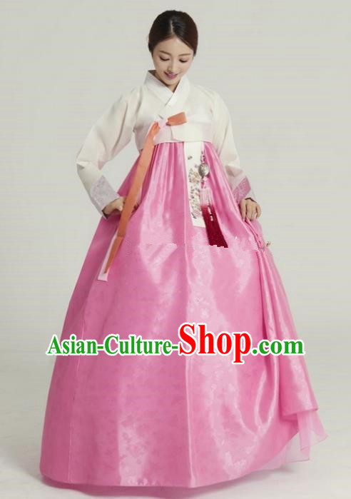 Top Grade Korean Hanbok Ancient Traditional Fashion Apparel Costumes White Blouse and Pink Dress for Women
