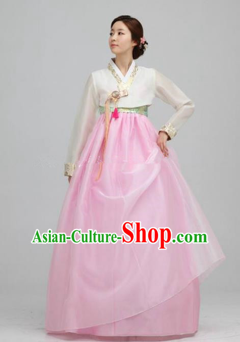 Top Grade Korean Traditional Hanbok Ancient Fashion Apparel Costumes White Blouse and Pink Dress for Women