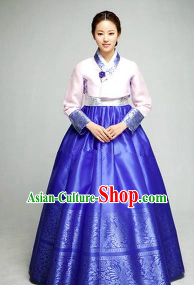 Top Grade Korean Hanbok Ancient Traditional Fashion Apparel Costumes Pink Blouse and Blue Dress for Women