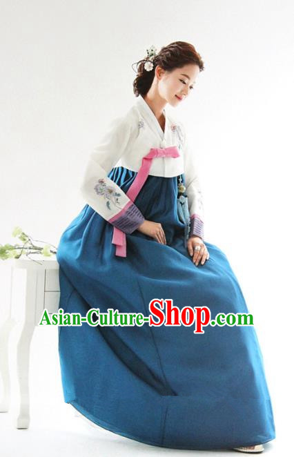 Top Grade Korean Hanbok White Blouse and Blue Dress Ancient Traditional Fashion Apparel Costumes for Women