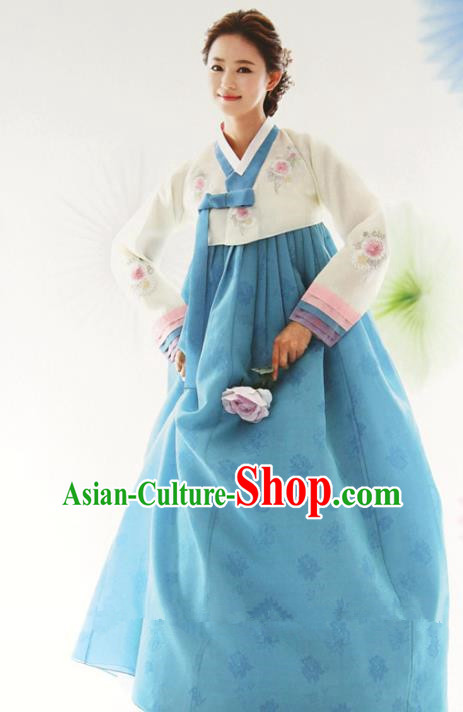 Top Grade Korean Hanbok White Blouse and Blue Dress Ancient Traditional Fashion Apparel Costumes for Women