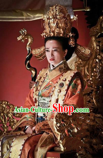 Ancient Chinese Ming Dynasty Empress Dowager Xiaogongzhang Embroidered Dress Costume and Headpiece Complete Set