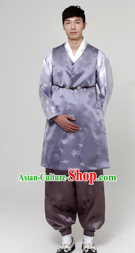 Traditional Korean Costumes Ancient Palace Korean Bridegroom Hanbok Lilac Vest and Grey Pants for Men
