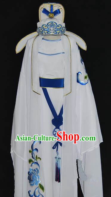 China Traditional Beijing Opera Young Men Embroidered Costume Chinese Peking Opera Niche White Robe for Adults