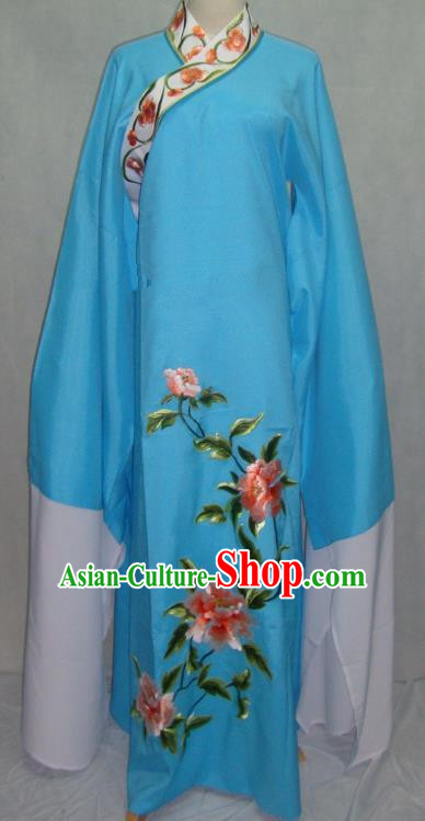 China Beijing Opera Lang Scholar Niche Costume Blue Embroidered Peony Robe for Adults
