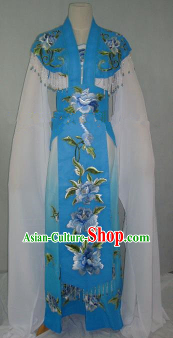 Traditional China Beijing Opera Embroidered Peony Blue Dress Chinese Peking Opera Diva Costume