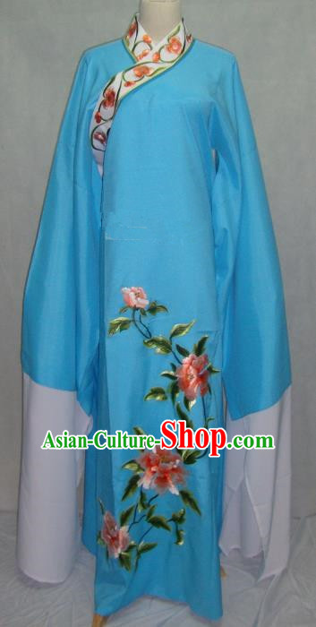 Traditional Chinese Beijing Opera Niche Scholar Embroidery Peony Costume Beijing Opera Blue Robe for Adults