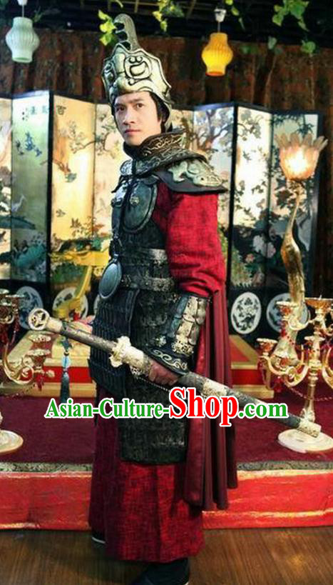 Traditional Chinese Ancient Tang Dynasty General Pei Shaoqing Replica Costume Helmet and Armour for Men
