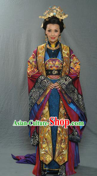 Chinese Ancient Song Dynasty Empress Dowager Embroidered Historical Costume and Headpiece Complete Set for Women