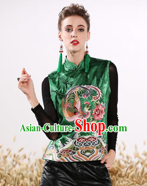 Chinese National Costume Traditional Embroidered Phoenix Peony Green Vests Waistcoat for Women