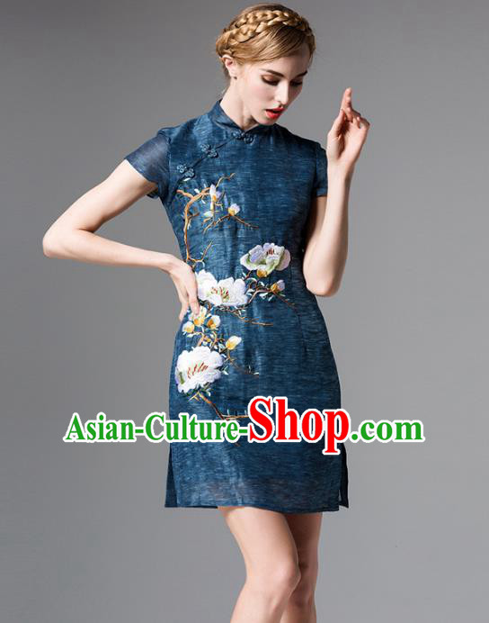 Chinese National Costume Embroidered Peacock Blue Qipao Dress Stand Collar Cheongsam for Women