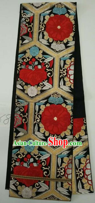 Japanese Traditional Waistband Kimono Yukata Dress Wafuku Embroidered Black Brocade Belts for Women