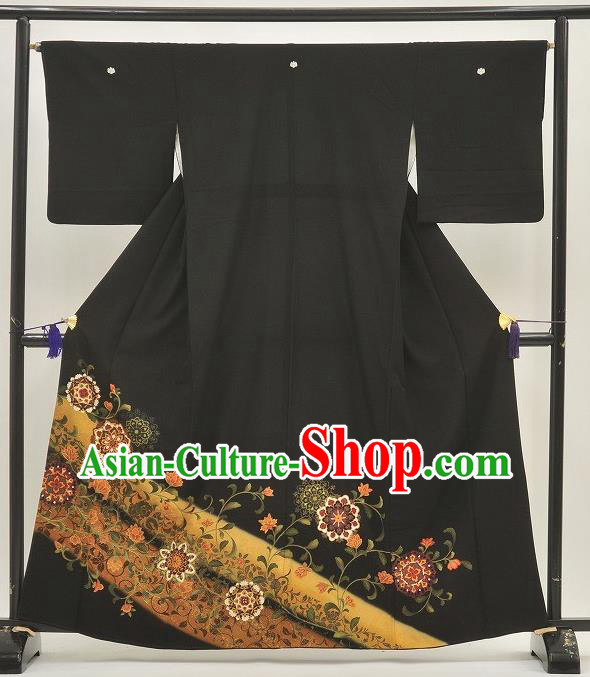 Japanese Samurai Garment Kimono Printing Black Yukata Robe Traditional Wafuku Hakama Costume for Men